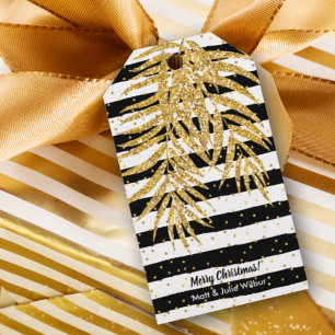 Étiquettes-cadeau Palmier doré sur rayures noires et blanches