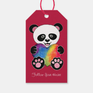 Étiquettes-cadeau Panda Aquarelle Cute Avec Coeur Arc En Ciel