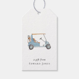 Étiquettes-cadeau Panier de golf bleu aquarelle golfeurs