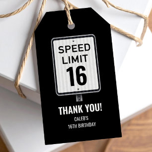 Étiquettes-cadeau Panneau Noir et Blanc Limite de Vitesse Anniversai