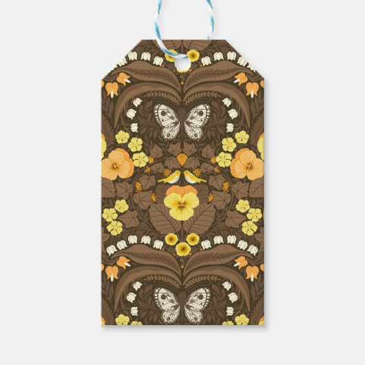 Étiquettes-cadeau Pansies jaunes, oiseaux et papillons (Devant)