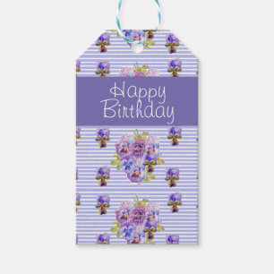 Étiquettes-cadeau Pansy Flower Purple Stripe floral Joyeux anniversa