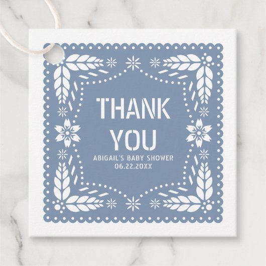 Étiquettes Cadeau Papier bleu foncé picado Merci bébé garçon douche (Devant)