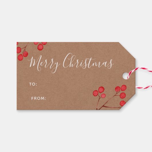 Étiquettes-cadeau Papier Kraft blanc "Joyeux Noël" et baies (Devant (Horizontal))