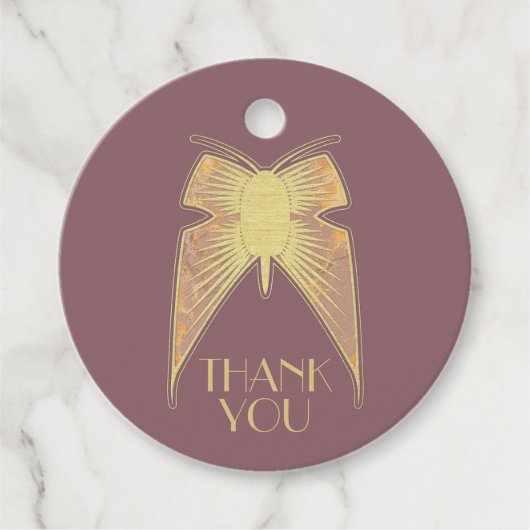 Étiquettes Cadeau Papillon Art Déco Pink Gold "Merci" Mariage (Devant)