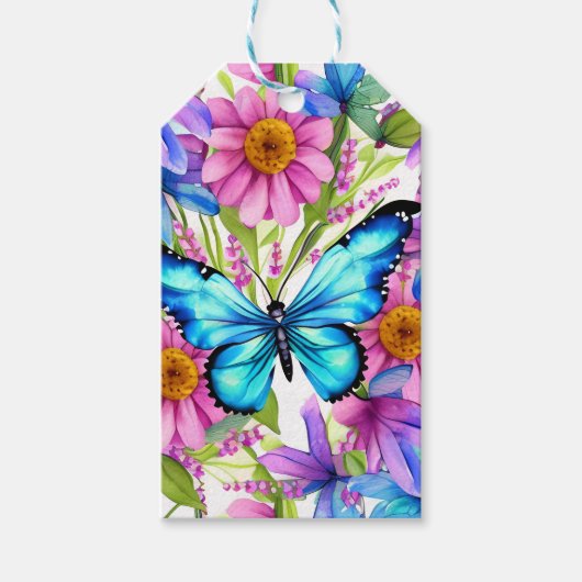 Étiquettes-cadeau Papillon bleu dans un champ de fleurs (Devant)