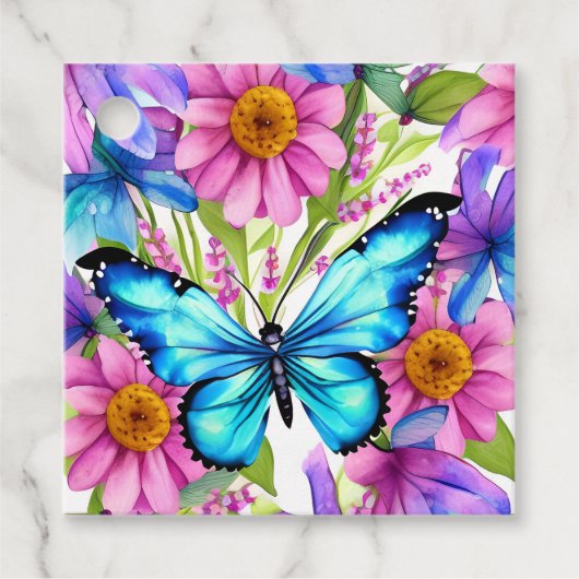 Étiquettes Cadeau Papillon bleu dans un champ de fleurs (Devant)