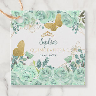 Étiquettes Cadeau Papillon floral à la menthe Quinceañera