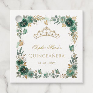 Étiquettes Cadeau Papillon Floral Couronne Émeraude Or Quinceañera