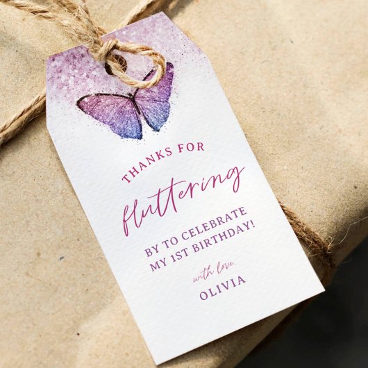 Étiquettes-cadeau Papillon rose violet 1er anniversaire Favoriser