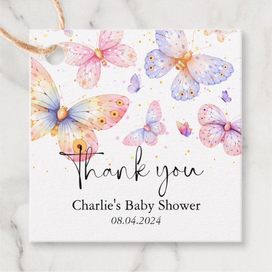 Étiquettes Cadeau Papillon rose violet Baby shower fille (Devant)