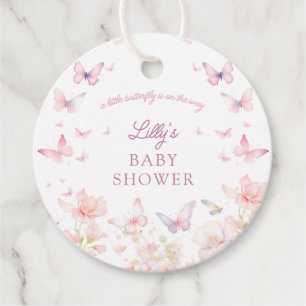 Étiquettes Cadeau Papillon sur le chemin Baby shower de fleurs roses