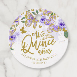 Étiquettes Cadeau Papillon Violet Fleurs Quinceanera