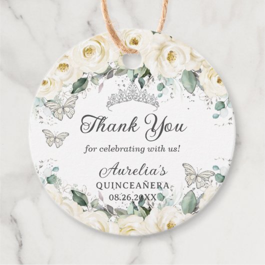 Étiquettes Cadeau Papillons argentés floraux blancs Princesse Tiara (Devant)