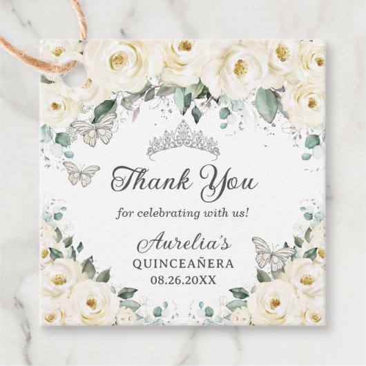 Étiquettes Cadeau Papillons argentés floraux blancs Princesse Tiara (Devant)