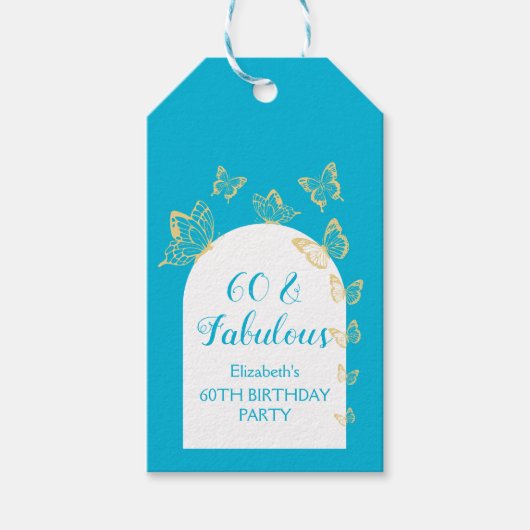 Étiquettes-cadeau Papillons bleu or moderne Fabuleux anniversaire (Devant)
