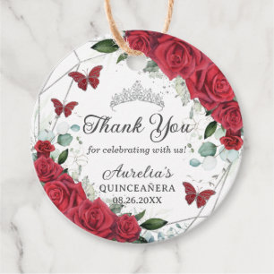 Étiquettes Cadeau Papillons d'argent Floral Rouge Princesse Tiara