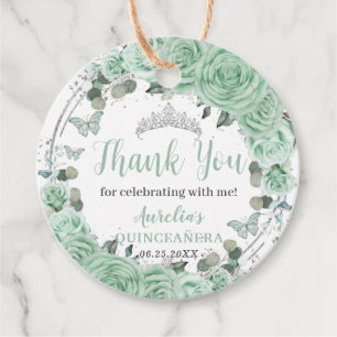 Étiquettes Cadeau Papillons en argent de la Quinceañera vert à la Mo