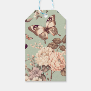 Étiquettes-cadeau Papillons et fleurs décor de couleur vert clair
