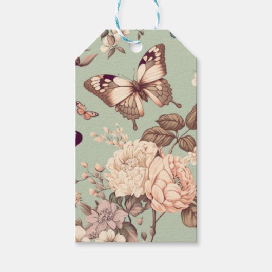 Étiquettes-cadeau Papillons et fleurs décor léger vert clair (Devant)