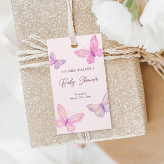 Étiquettes-cadeau Papillons Pastel Baby shower rose violet