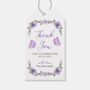 Étiquettes-cadeau Papillons violets Aquarelle Fleur sauvage Merci