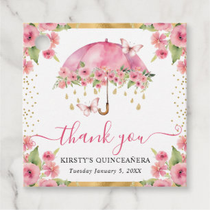 Étiquettes Cadeau Parapluie de Quinceanera rose et or de printemps