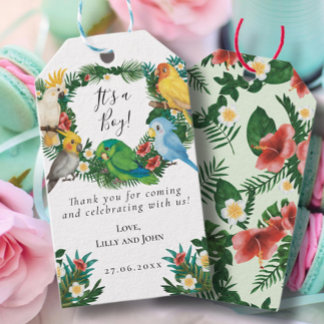 Étiquettes-cadeau Parrots sauvages Baby shower tropical exotique