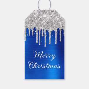 Étiquettes-cadeau Parties scintillant argent gouttes Royal Bleu Joye