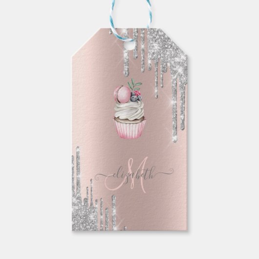 Étiquettes-cadeau Parties scintillant argent Rose Monogramme  Cupcak (Devant)