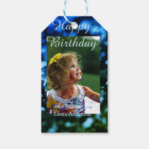 Étiquettes-cadeau Parties scintillant bleu vert photo anniversaire d