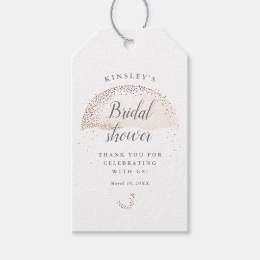 Étiquettes-cadeau Parties scintillant blush parapluie douche nuptial (Devant)