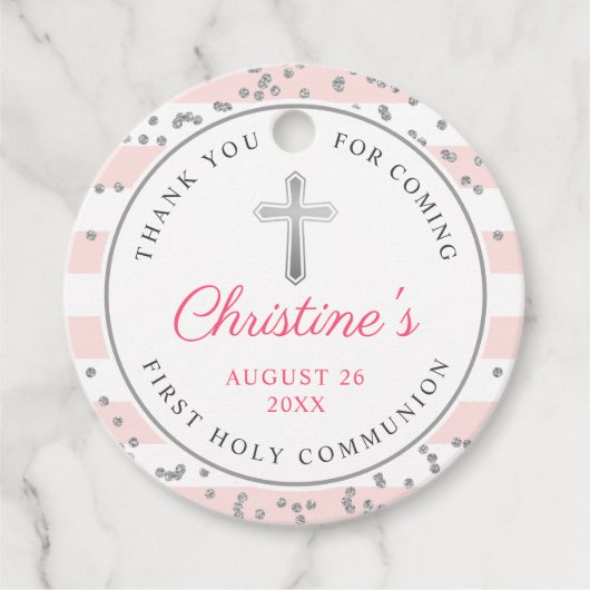 Étiquettes Cadeau Parties scintillant d'argent Clair rose rayures pr (Devant)