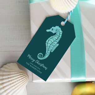 Étiquettes-cadeau Parties scintillant de Noël côtière Seahorse Aqua