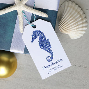 Étiquettes-cadeau Parties scintillant de Noël côtière Seahorse Marin