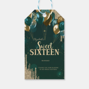 Étiquettes-cadeau Parties scintillant d'or Ballons Green Sweet 16