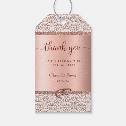 Étiquettes-cadeau Parties scintillant d'or rose Mariage damassé Merc (Devant)