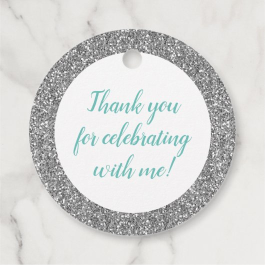 Étiquettes Cadeau Parties scintillant en argent et coing Turquoise A (Dos)