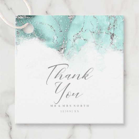 Étiquettes Cadeau Parties scintillant en marbre Mariage Merci Turquo (Devant)