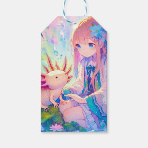 Étiquettes-cadeau Pastel Anime Girl et un Axolotl Personnalisé