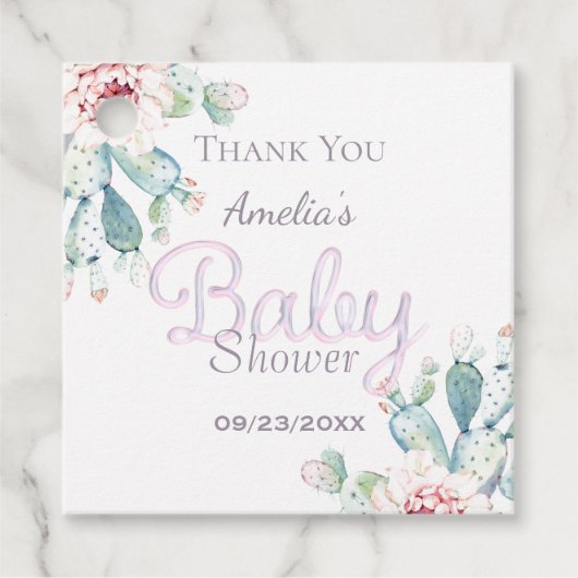 Étiquettes Cadeau Pastel Aquarelle Cactus Baby shower rose (Devant)