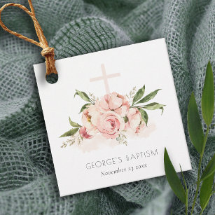 Étiquettes Cadeau Pastel Doux Peach Rose Floral Cross Bunch Baptême
