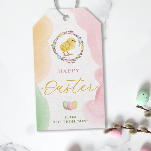 Étiquettes-cadeau Pastel Watercolor Chick And Willow Wreath Easter