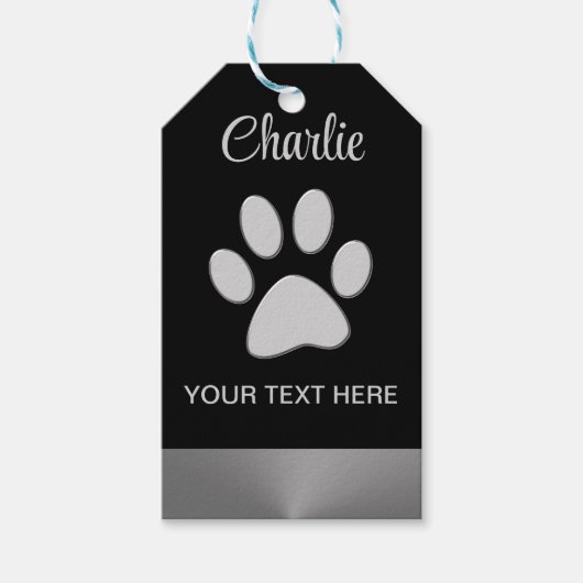 Étiquettes-cadeau Paw Chien Argent sur arrière - plan noir (Devant)