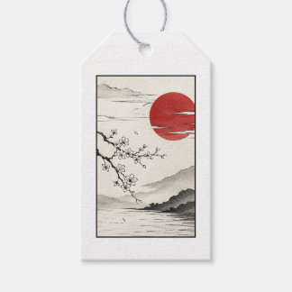 Étiquettes-cadeau Paysage de Cerisier Rouge du Soleil Japonais Fleur