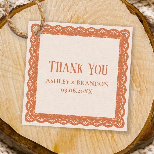 Étiquettes Cadeau Peach Lace Square Wedding Thank You