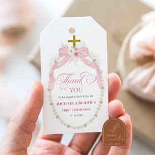 Étiquettes-cadeau Pearl rose Boho Premier Merci de communion