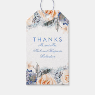 Étiquettes-cadeau Pêche et fleurs bleues Mariage élégant