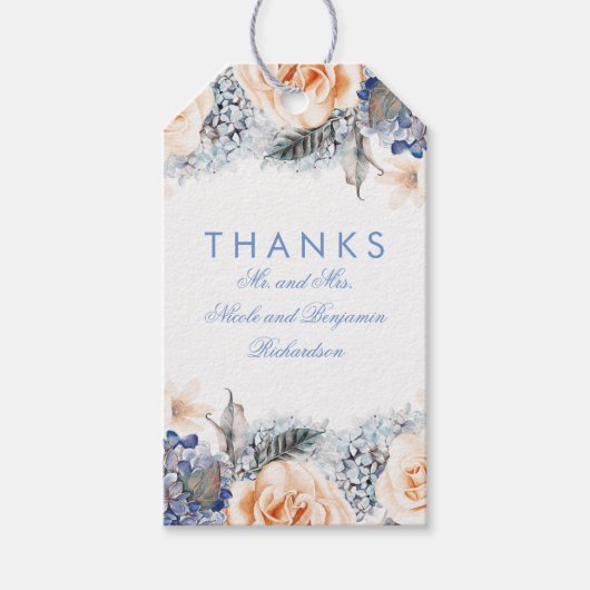 Étiquettes-cadeau Pêche et fleurs bleues Mariage élégant (Devant)