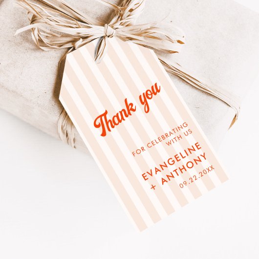 Étiquettes-cadeau Pêche et Tangerine Mariage rétro rayé